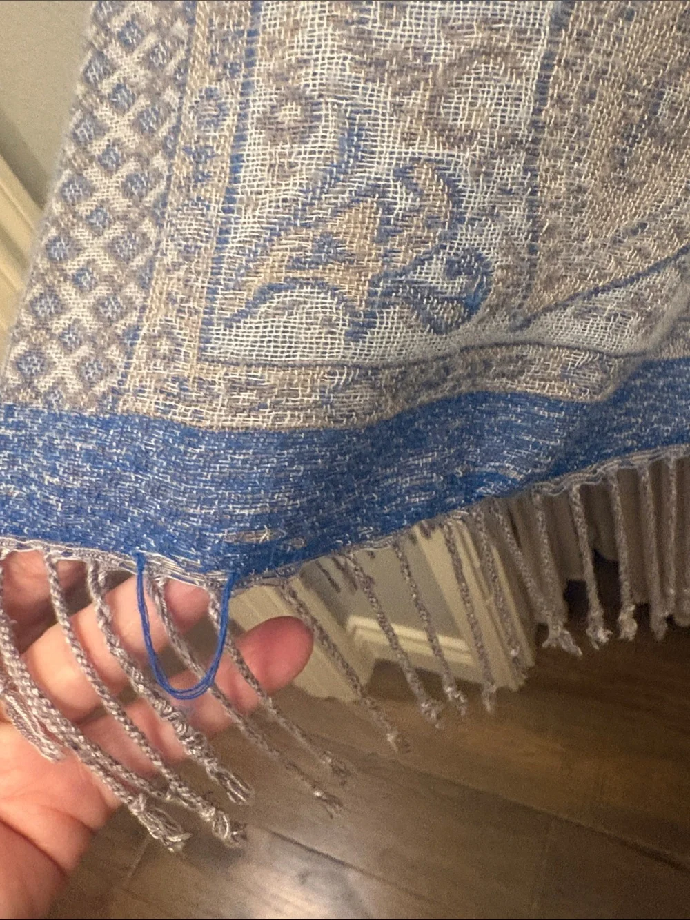 Chico’s Blue and khaki Paisley Fringe Poncho Top